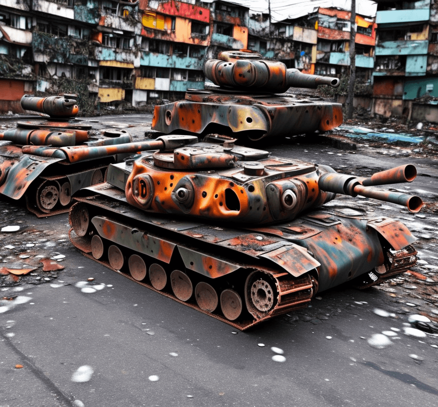 AI generated: a  lost  rusted camo  german Tiger tank  is dead. It is lying on  the ground in the street in a  fav...