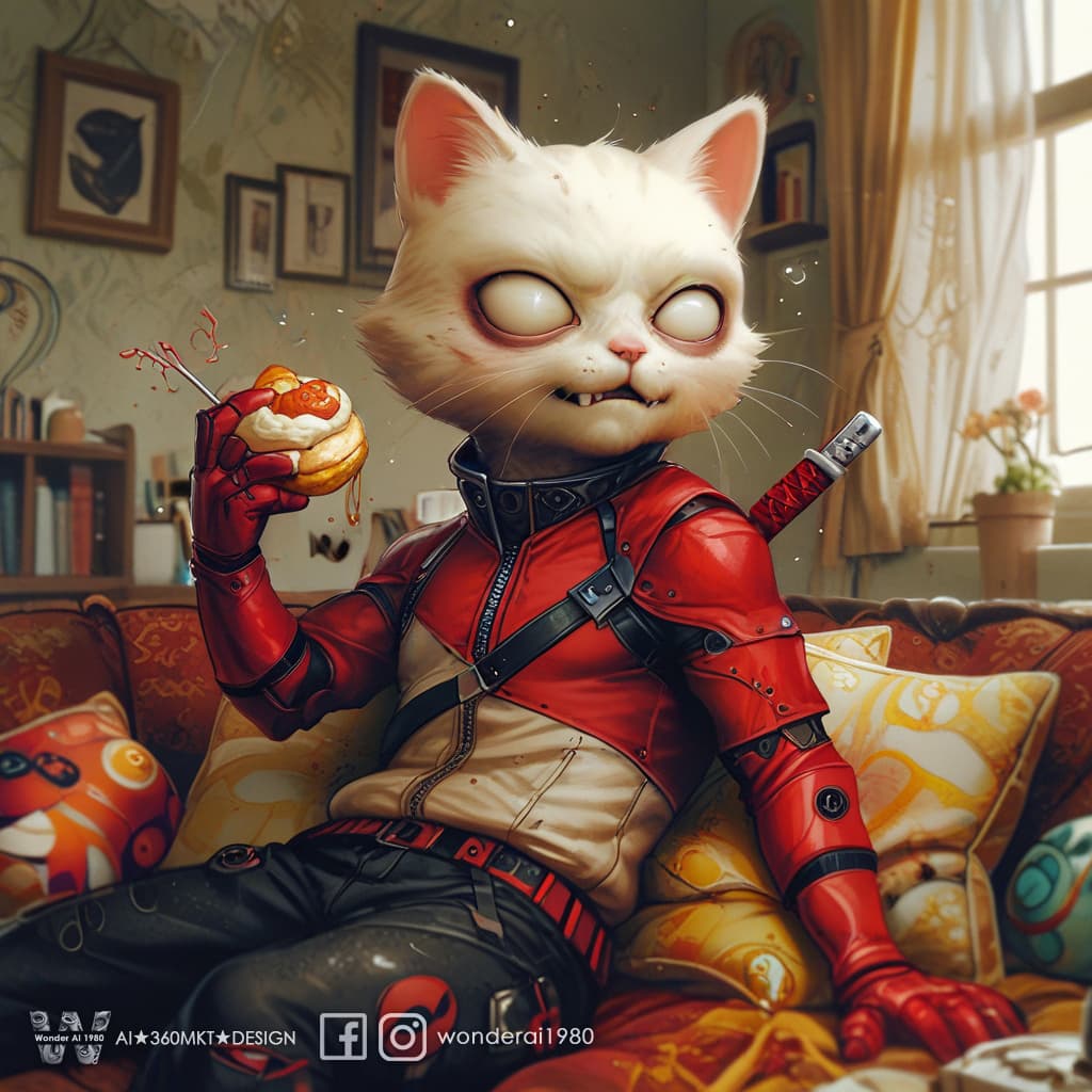AI generated: striking visual tension and dramatic flair, ((an anthropomorphic cream cat)), expressive, laugh, (dr...