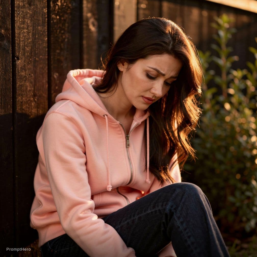 AI generated: A photorealistic close-up portrait of an adult woman sitting outdoors, bathed in warm, golden sunlig...