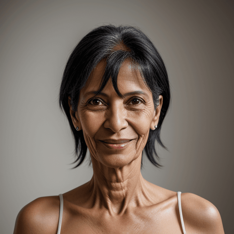 AI generated: hyper realistic headshot photo of a 55 year old brasilian (woman 1.5), black hair, slim, skinny, loo...