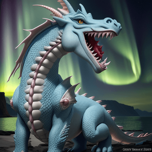 AI generated: Zero Down wide-angle shot of dragon horse with dragonlike nose with fishlike tail. ,  juniper dragon...