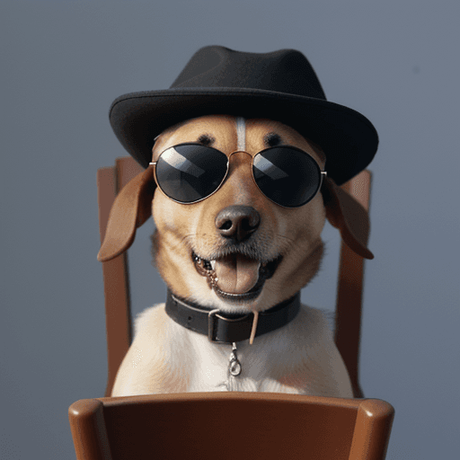 AI generated: the dog is sitting on a chair, wearing sunglasses and a cocked black hat
