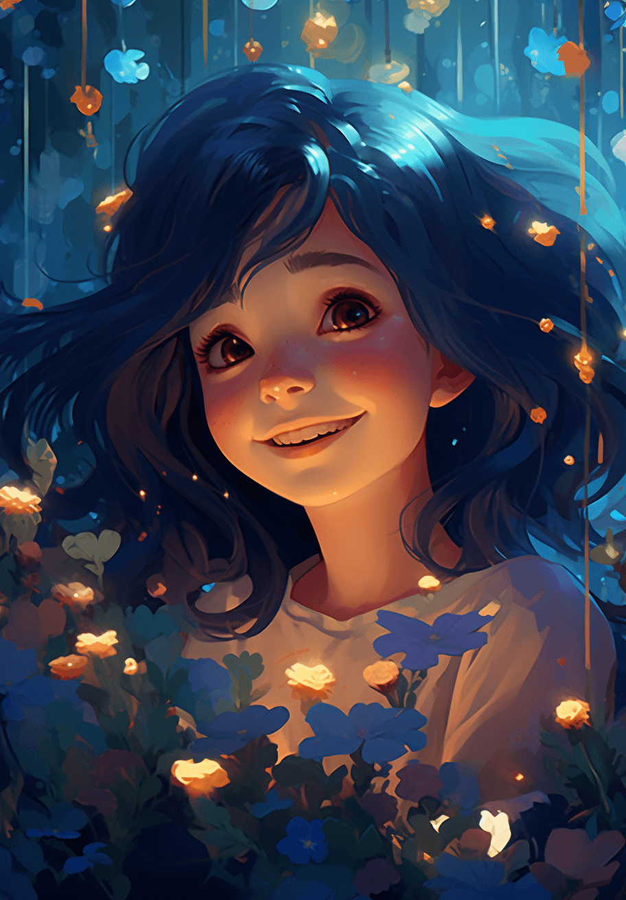 AI generated: Girl smiling with long blue hair and flowers hanging down, in the style of colorful animations, dark...