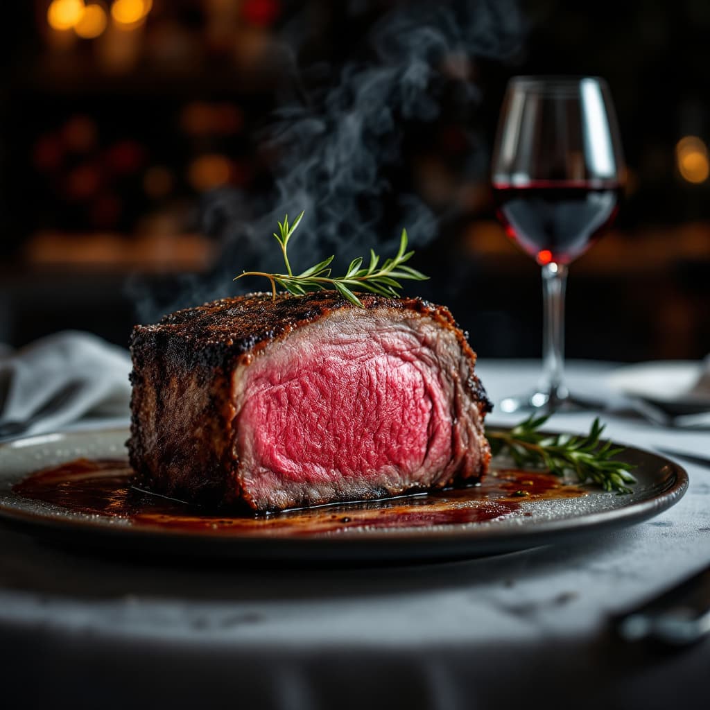 AI generated: 
Capture a delicious PRIME RIB  in close-up, exuding tempting appeal, at a 3 MICHELIN star restauran...