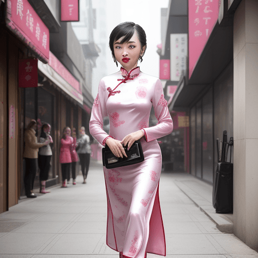 AI generated: The image features a girl  wearing cheongsam pink  lipstick, walking down the street. her outfit app...