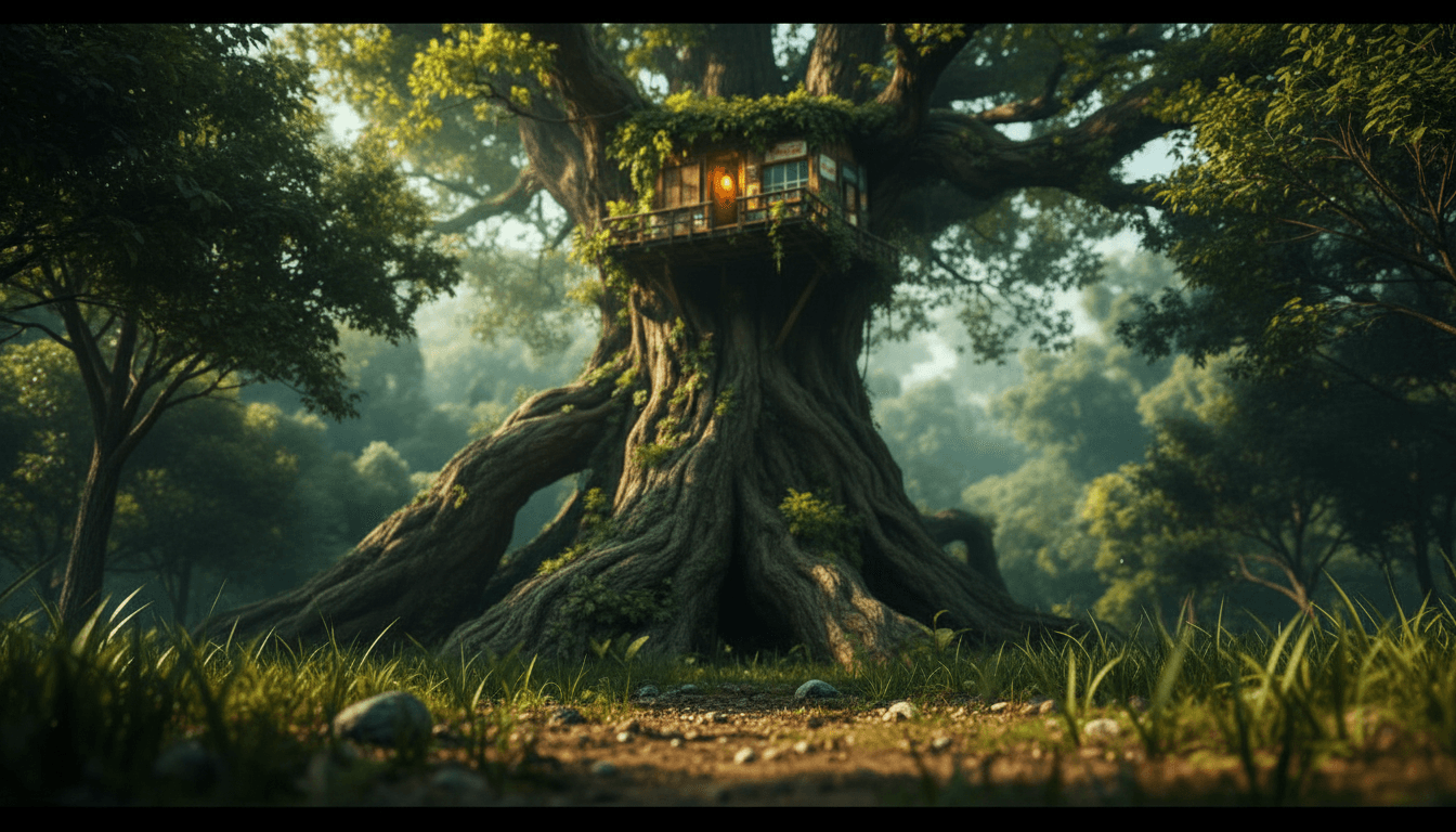 AI generated: Create an ant's point of view from the ground next to the tree of this treehouse.