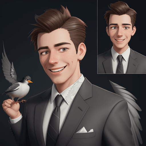 AI generated: a young man in a business suit with a very happy expression, in the style of unreal engine 5, cartoo...