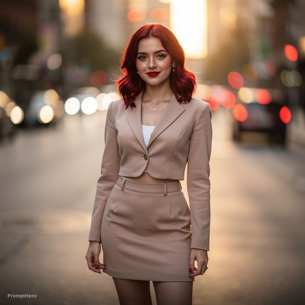 AI generated: A 22-year-old girl with cherry-colored hair is wearing a revealing, 