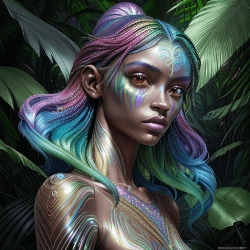 AI generated: This magnificent half human creature with rainbow iridescent skin color, shiny and sparkling, in the...