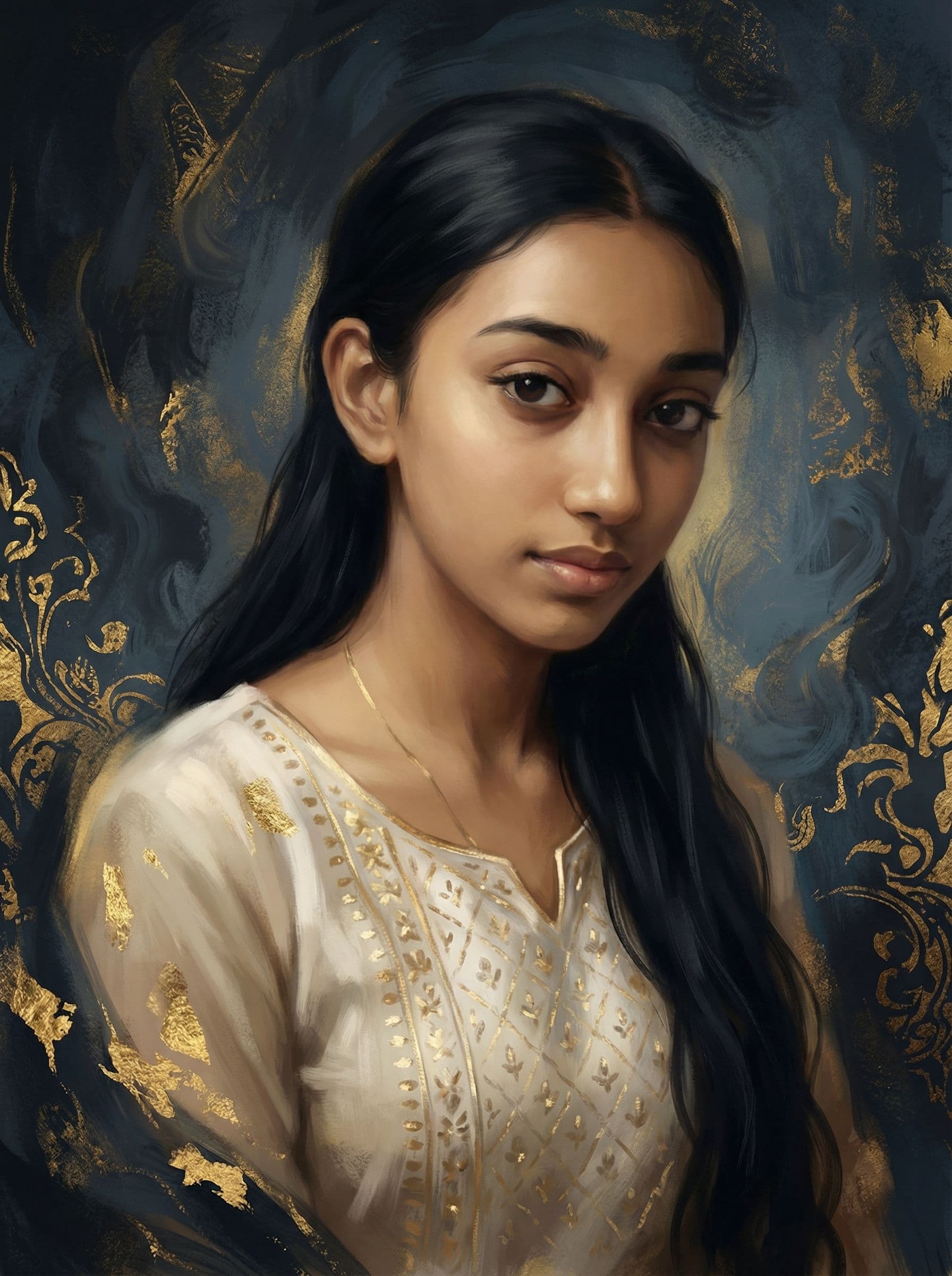 AI generated: a woman with long black hair in a gold painting, in the style of charlie bowater, dark blue and dark...