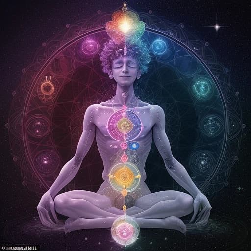 AI generated: a human being who shines and throughout his vertebral Cologne we see the brilliance of these chakras...