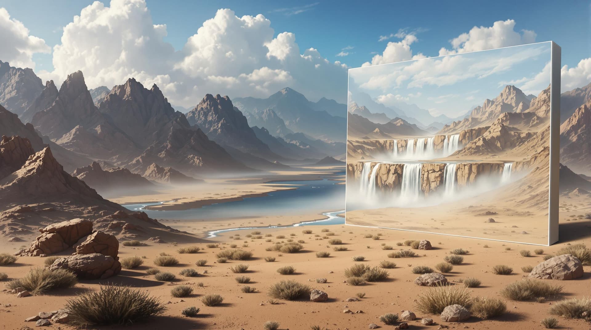 AI generated:   Hyperrealistic surrealist artwork, strong hard light, desert landscape with mountains merging with...