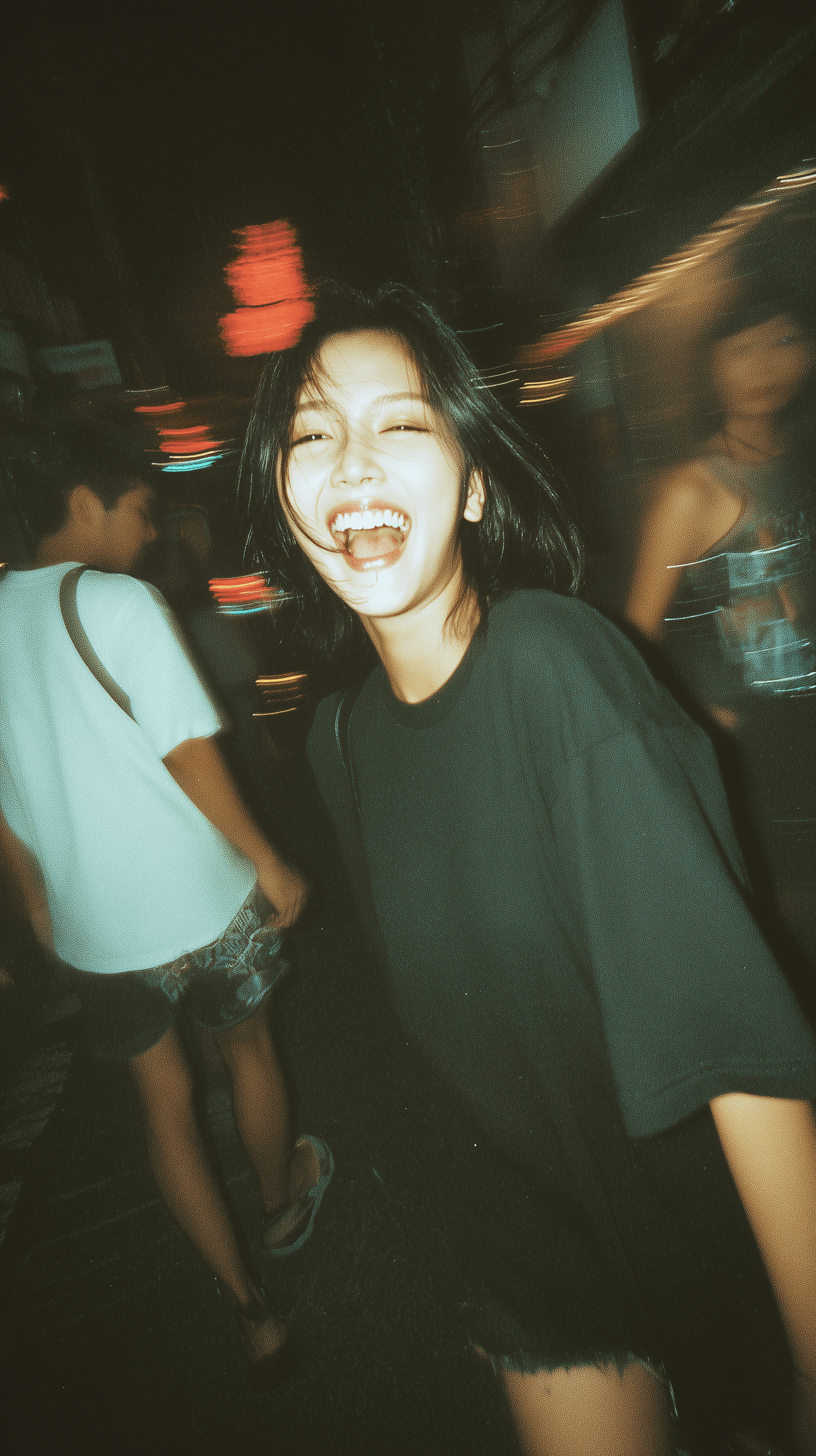 AI generated: photography, snapshot, disposable camera style, young korean girl, wearing a black oversized t-shirt...