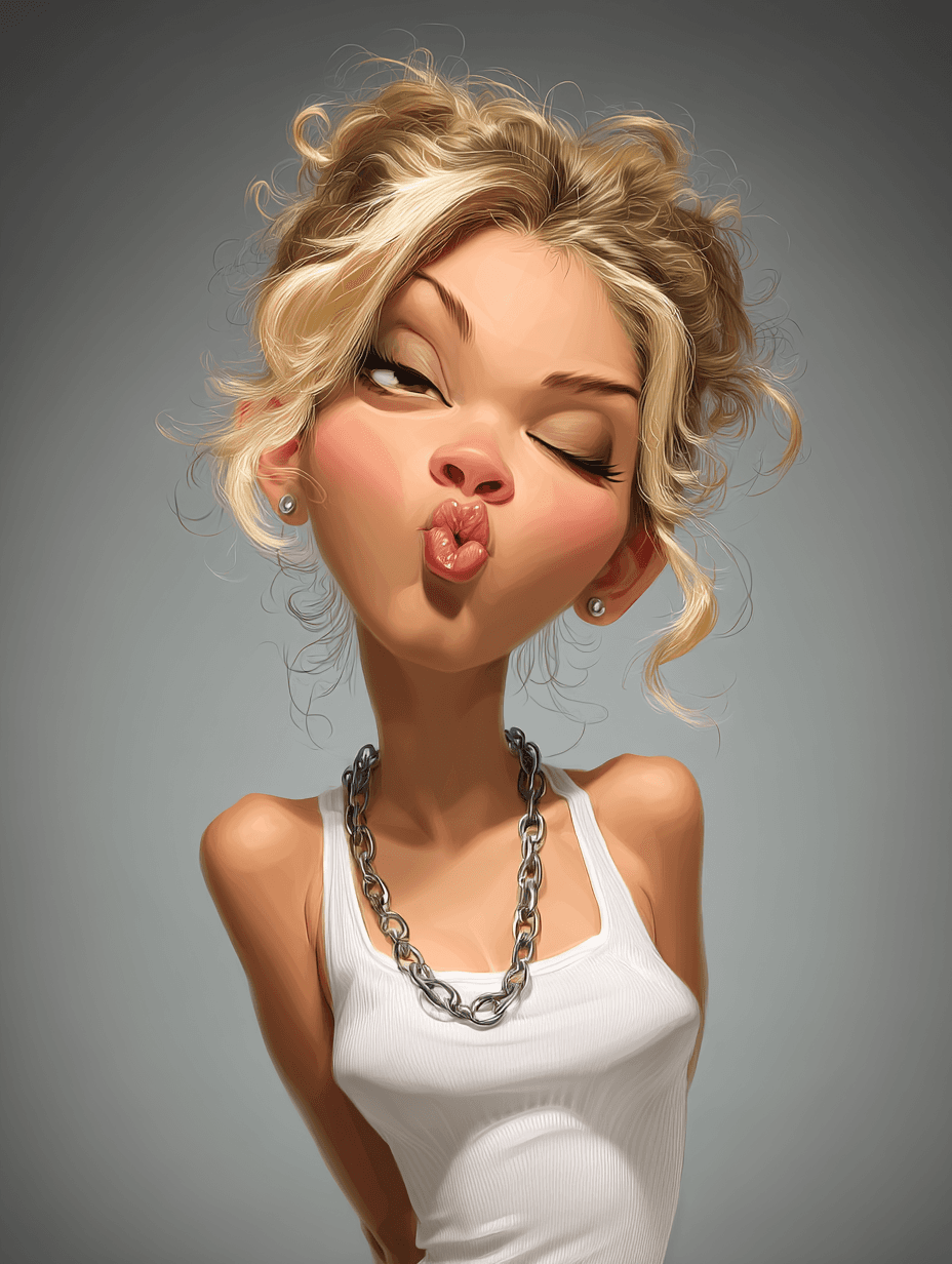 AI generated: funny caricature, cheeky blond girl caricature, young caucasian female, 21 years old, blonde hair, p...