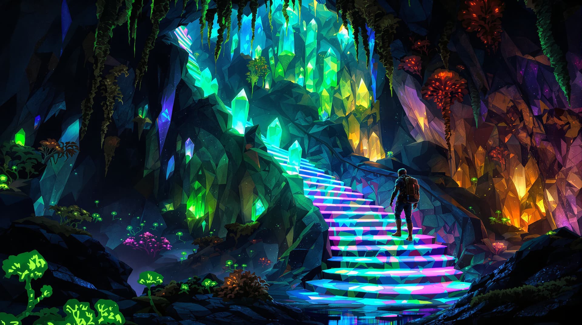 AI generated: A valiant explorer, dwarfed by the immense scale of a bioluminescent crystal staircase deep within a...
