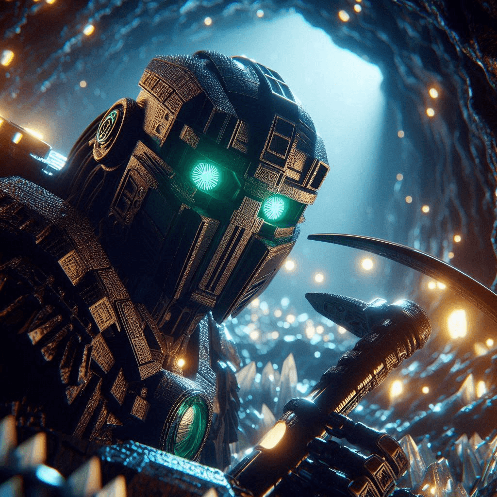 AI generated: Close-up Star Wars 4K cinematic CGI rendering of an ancient black Bionicle Matoran of Earth with gre...