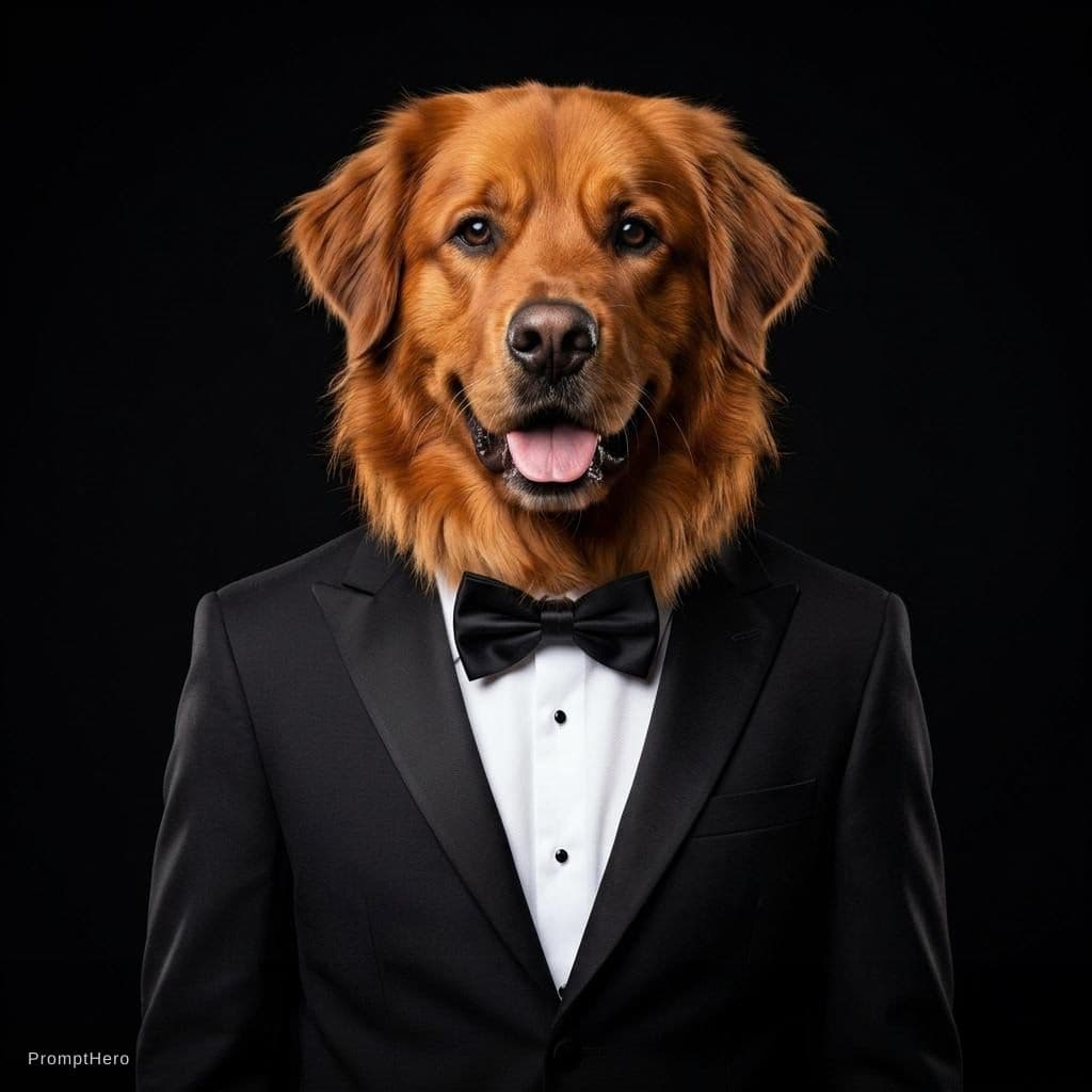 AI generated: Give the dog a black tie suit and remove the human arm