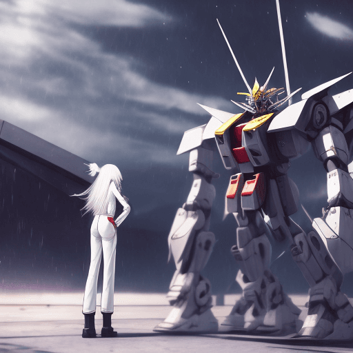 AI generated: girl in tight jump suit standing in front of giant gundam, shes stands there looking up at the gunda...