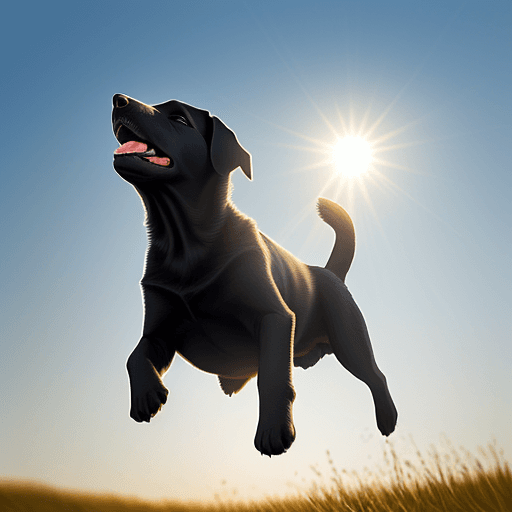 AI generated: black labrador, puppy, illustration, happy, day light, sun, ultra detailed, jumping, sharp focus