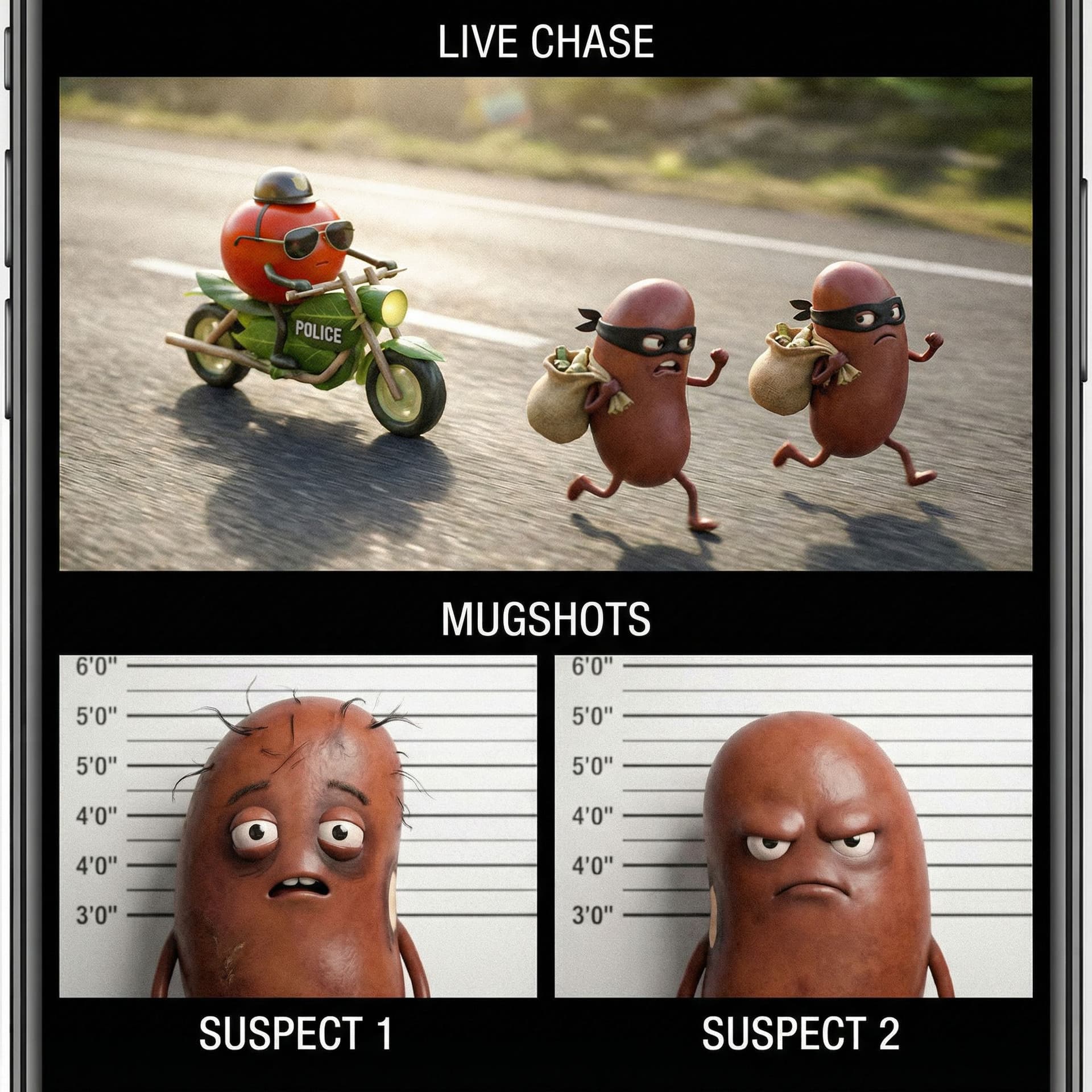 AI generated: A three-part image.

Top (largest section): a cinematic, photorealistic movie-style still of a polic...