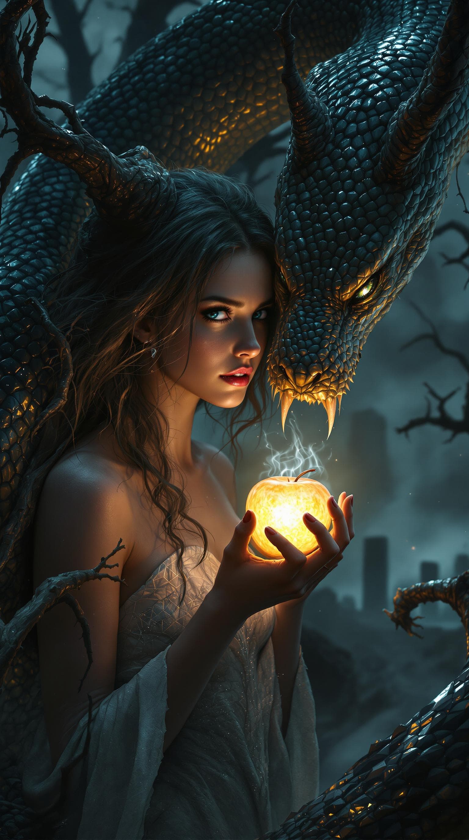 AI generated: Eve holds a bright, gleaming apple in her hand, her eyes wide with a mix of curiosity and fear. A ma...