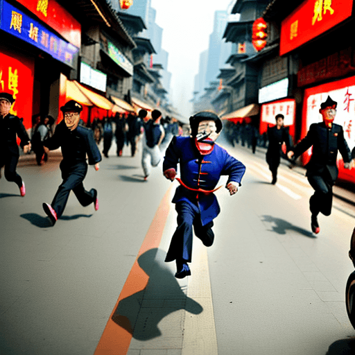 AI generated: A Chinese madman is chasing people on the street in China, people are escaping, cartoon, by a madman...