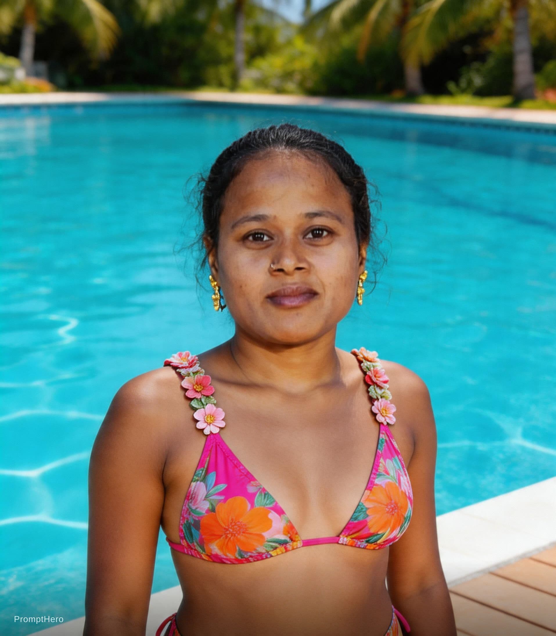 AI generated: Fashion photography style shot of a woman confidently modeling a modern-cut bikini poolside. The bik...