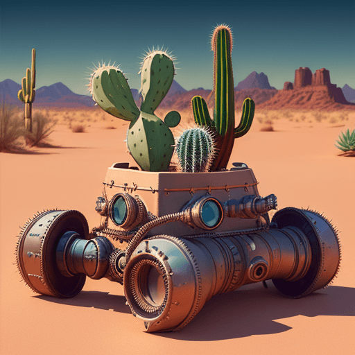 AI generated: a lone cactus wearing goggles while sitting in the desert, in the style of steampunk imagery, realis...