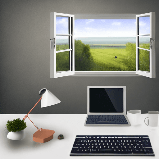 AI generated: realistic picture|beautiful heartwarming white desk|window to a beautiful view near the desk|tiny bi...