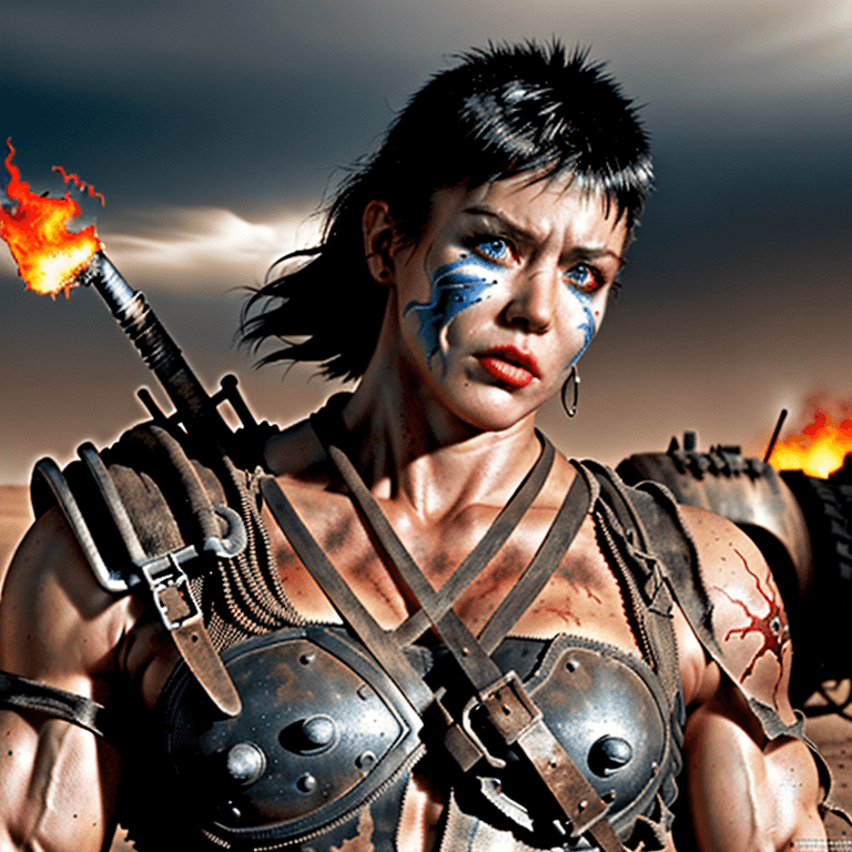 AI generated: mad max post apocalyptic  warrior, strong, muscular, flames, 8k, ultra realistic, vivid realistic li...