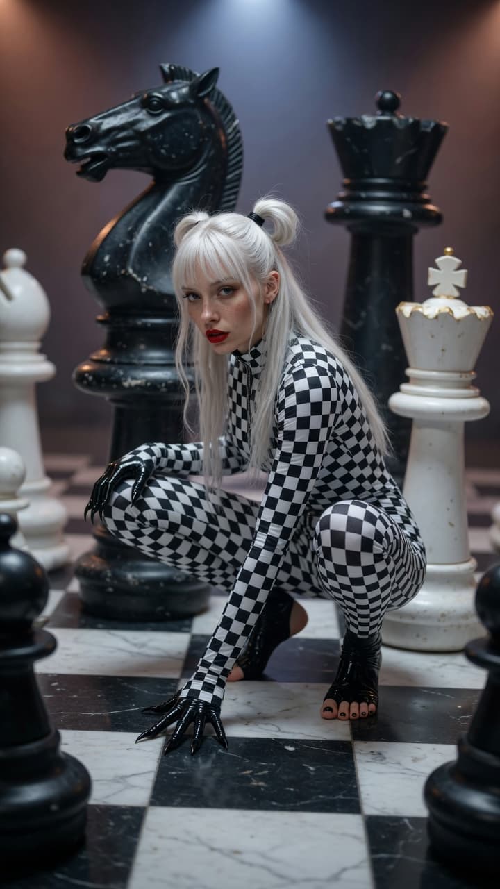 AI generated: Ultra-photorealistic photography of a striking woman crouching on a giant black-and-white chessboard...