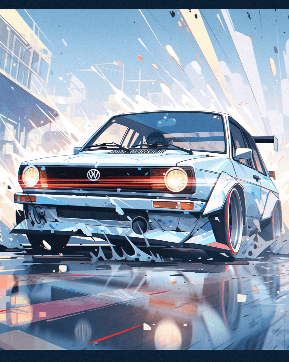 AI generated: vw golf stockholm illustration design, in the style of frank miller, light blue and white, chicano a...