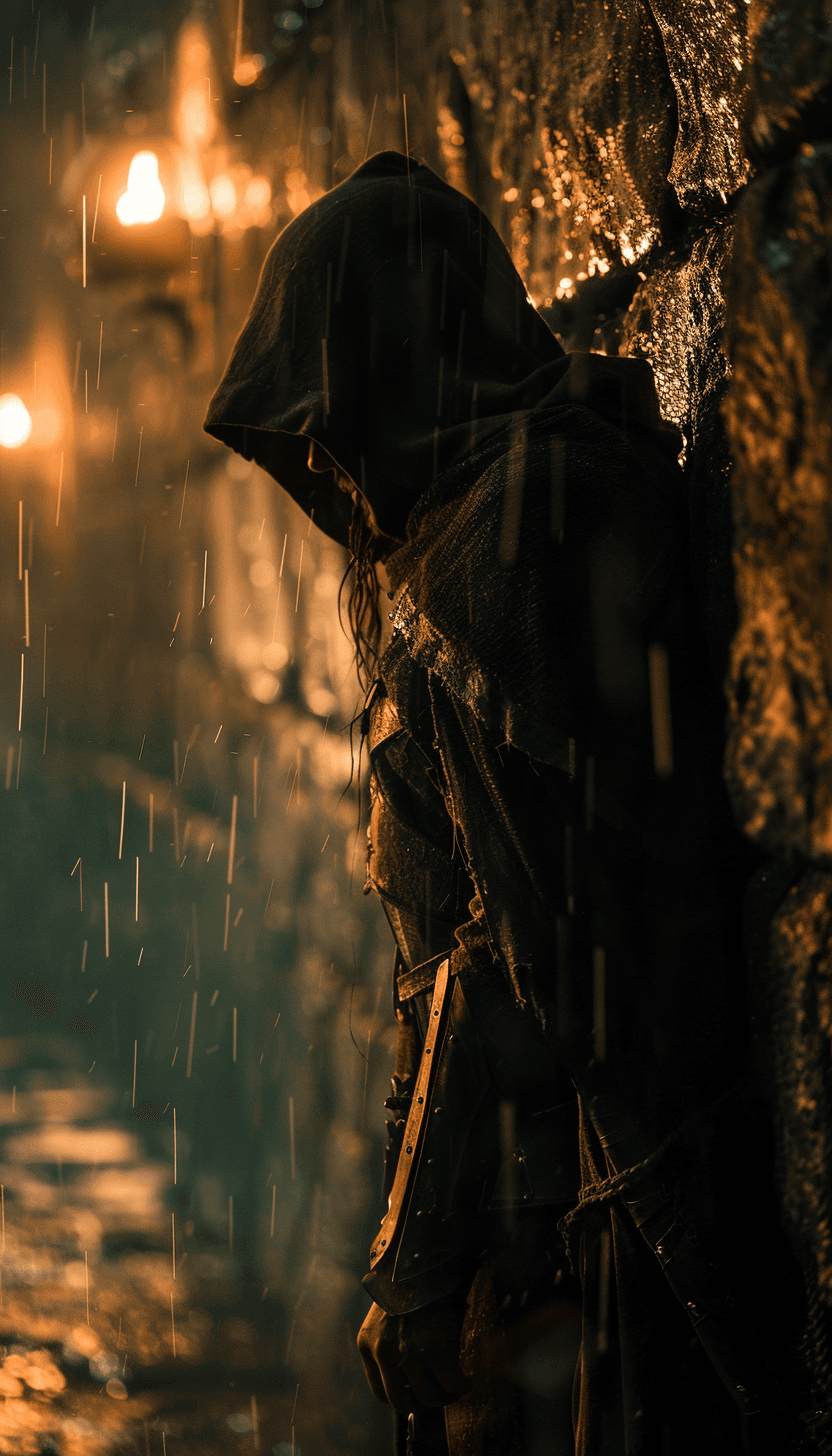 AI generated: lord of the rings elf waiting the orcs' attack on the walls of Helm's Deep, night, light from torche...
