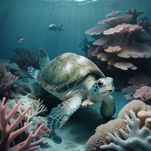 AI generated: Dreamy photo of a ultra realistic, small green baby dreamy turtle looking at us and swimming in a de...