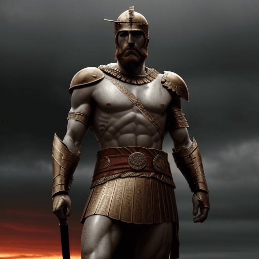 AI generated: Leonidas 1 the king of Sparta, a great warrior, stands after the battle, looking into the distance, ...