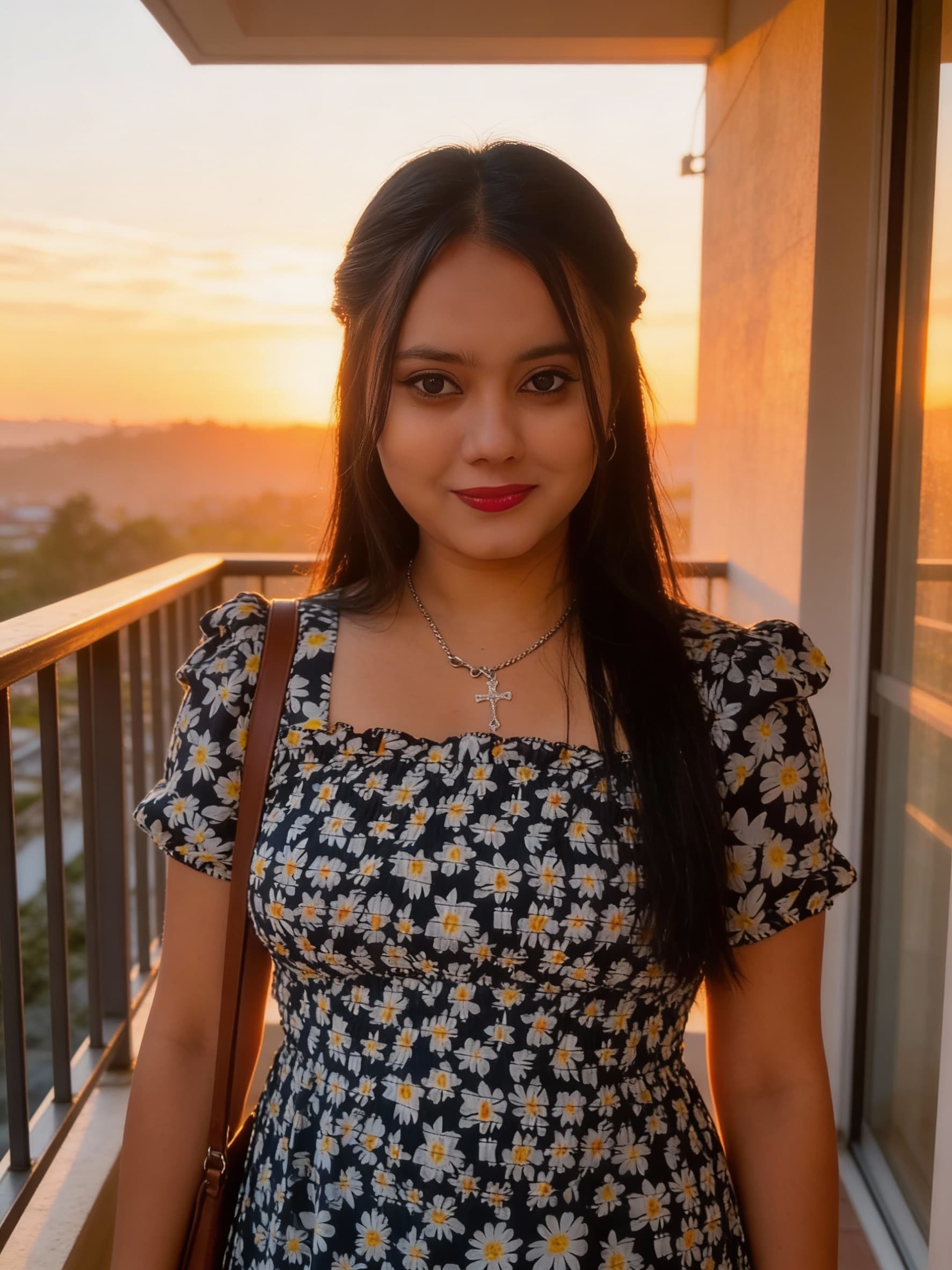 AI generated: Using this image make a bold woman standing in balcony at morning sunrise
