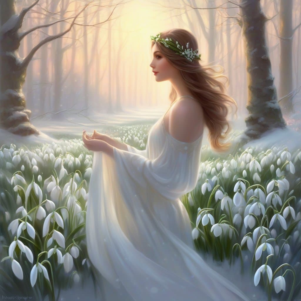 AI generated: landscape: "Snowdrop".  "Delicate snowdrop broke through the snow. This spring kiss."