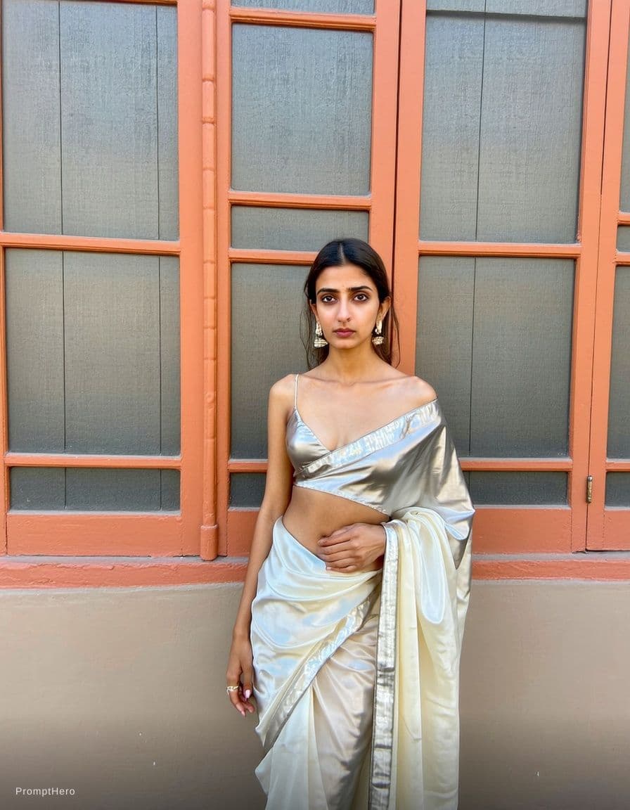 AI generated: modern sexy glossy mirror saree,wearing saree saree saree model.glossy mirror saree Navel,sleeveless...