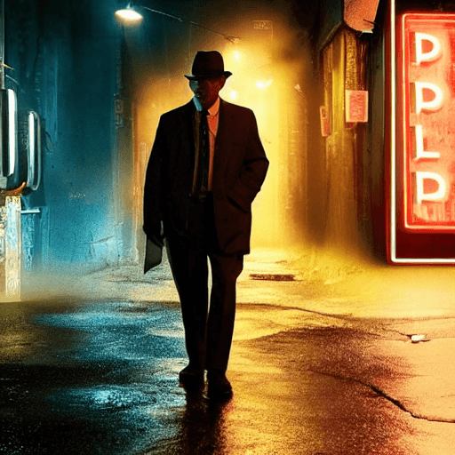 AI generated: An 55 years old Detective in an alleyway with a door to a bar with neon sign, serious look, solving ...