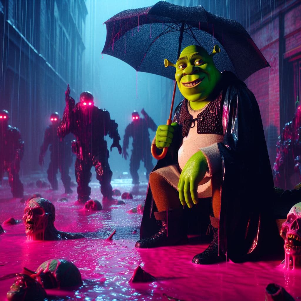 AI generated: contrapicado de Shrek vestido con chubasquero negro con paraguas en una lluvia radioactiva y slime r...