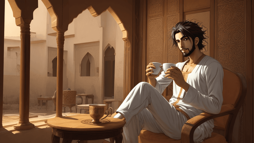 AI generated: arabic man, sitting in his old house, face, 23years old, drinking arabic coffe, anime style, hair