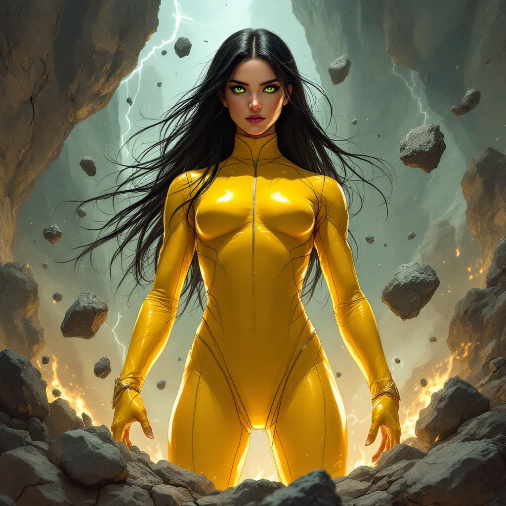 AI generated: A heroic figure wearing a bright yellow suit, with an attractive face. Their long, black hair flows ...