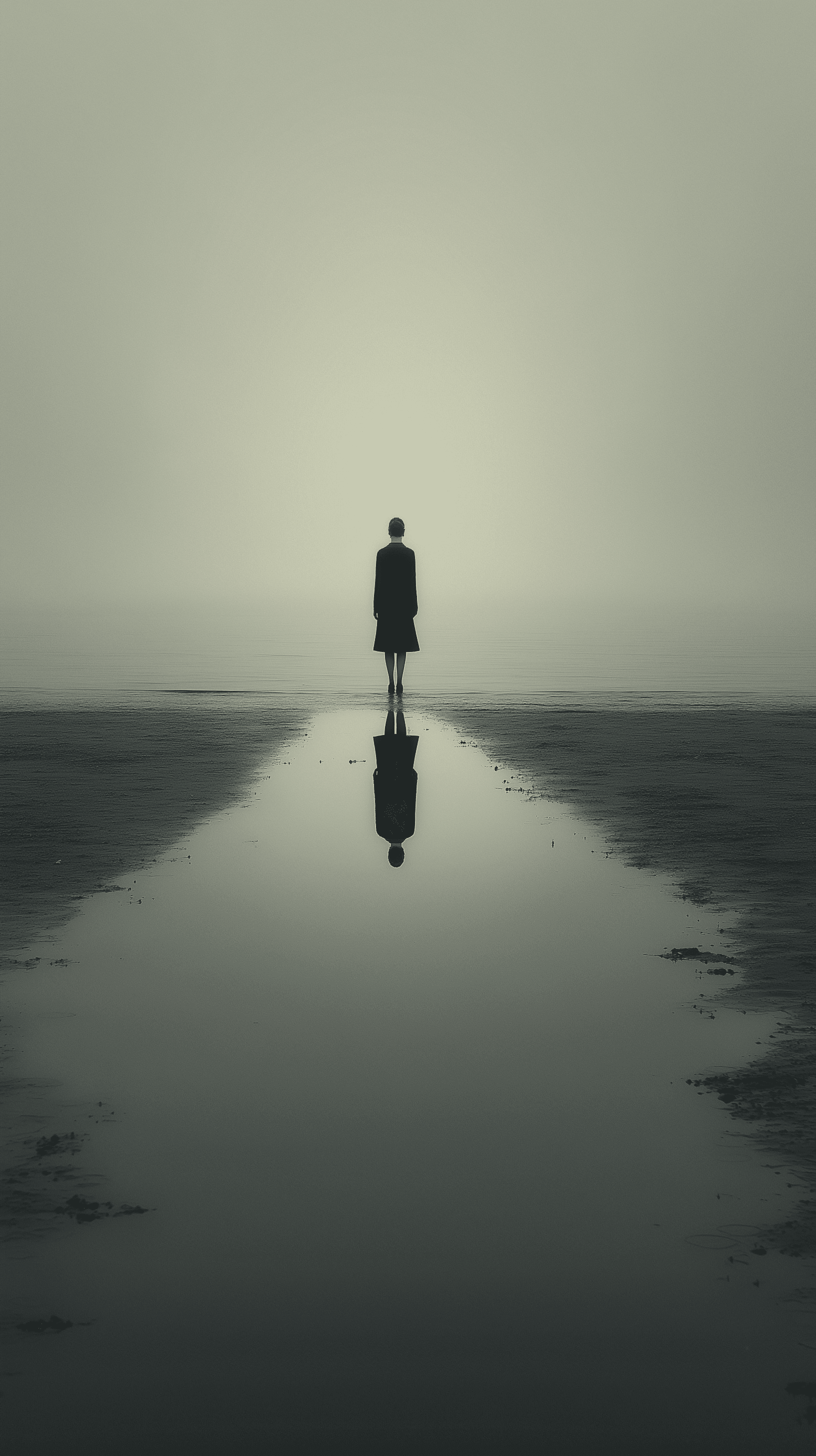 AI generated: lone figure, standing at the edge of a still water, perfectly reflected below, reflection is the opp...
