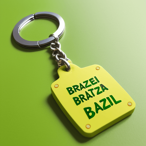 AI generated: Rubber keychain, green and yellow, self-embossed, with text "Brazil"
