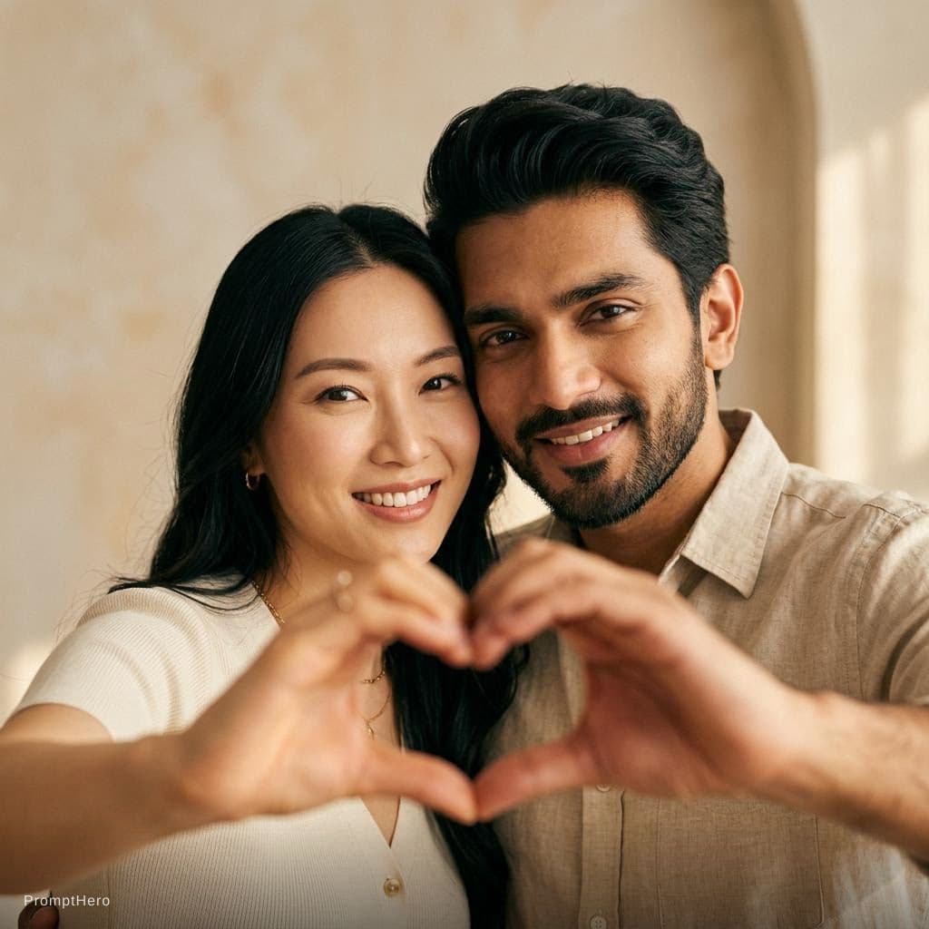 AI generated: A warm cinematic close-up portrait of a couple forming a heart shape with their hands in the foregro...