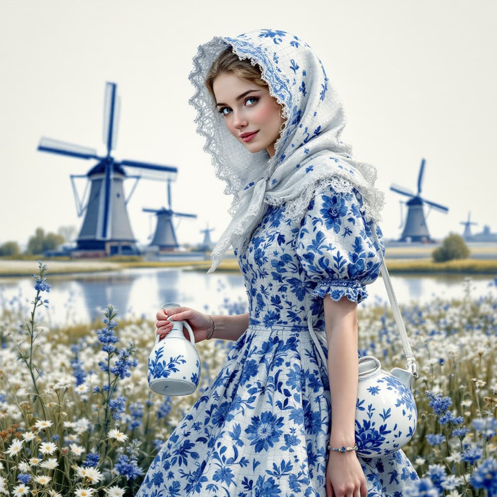 AI generated: a drawing of a beautiful Dutch girl with a hint of a smile and a white "Frau Antje" hood made of Dut...