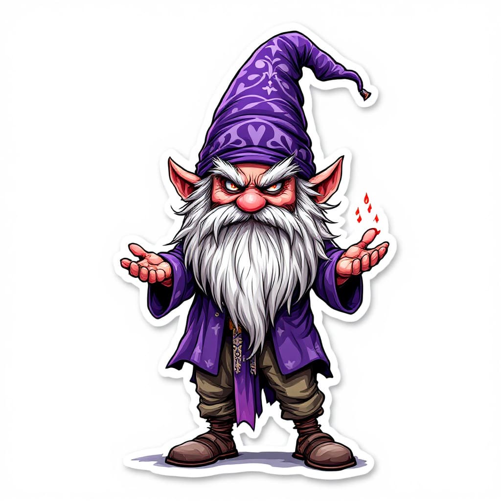 AI generated: A highly detailed full-body cartoon sticker of a whimsical gnome character. The gnome is wearing a v...