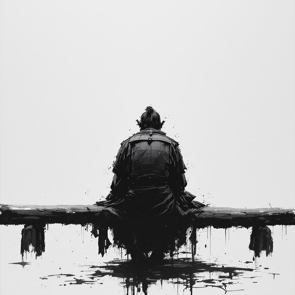 AI generated: painted with black oil on a white background samurai sits at the bar