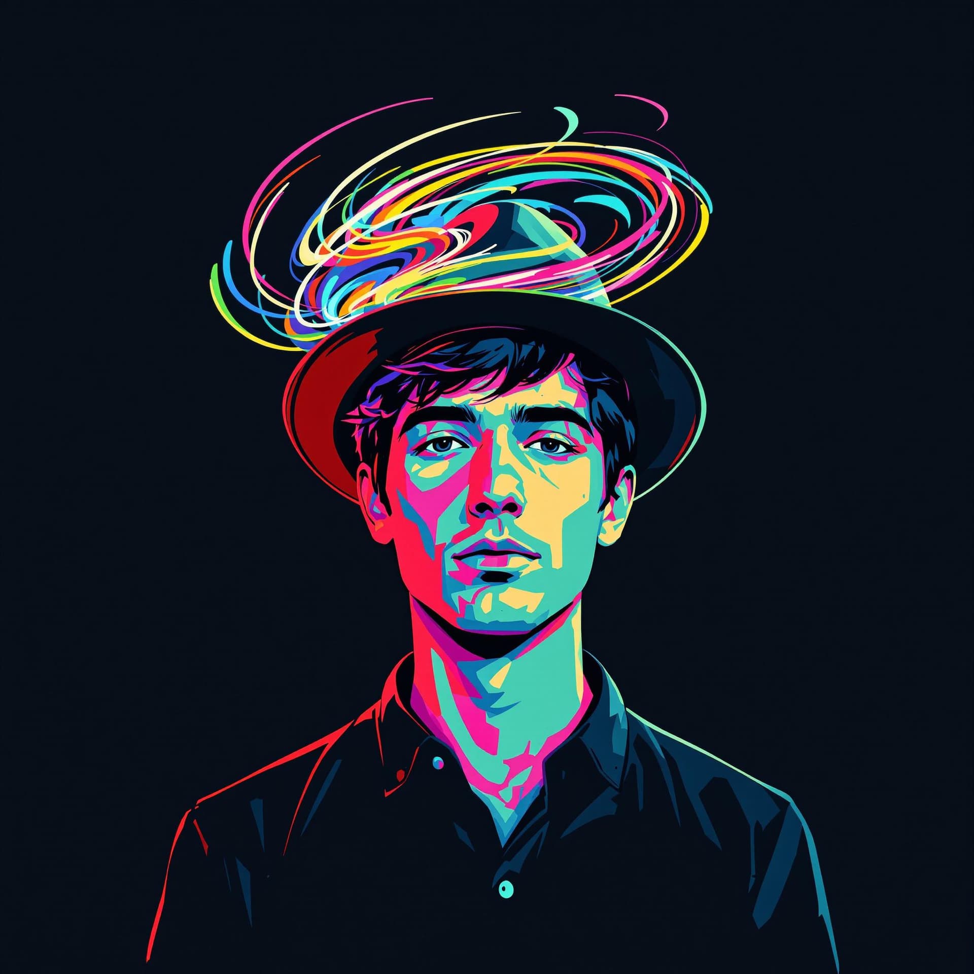 AI generated: vibrant, digital art, portrait of a male figure, digital illustration with a flat color, straight-on...