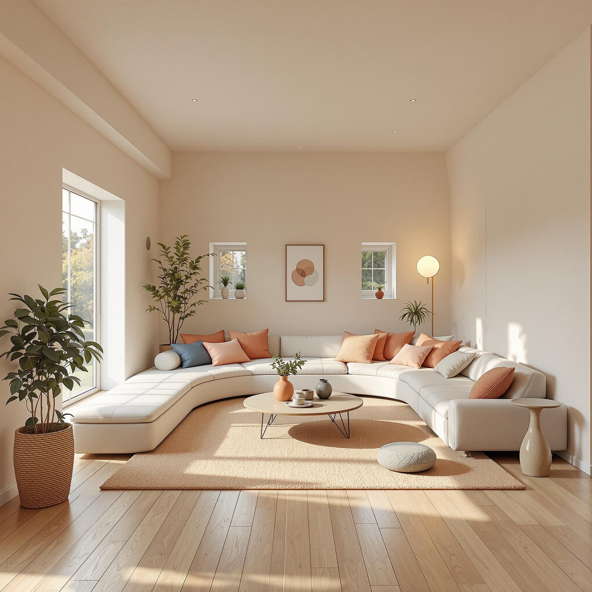 AI generated: High resolution photography interior design, dreamy sunken living room conversation pit, wooden floo...